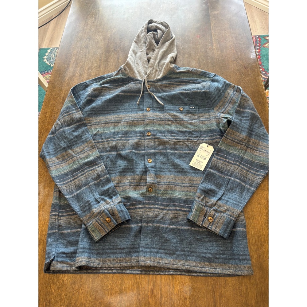 Billabong Baja Flannel Hooded Shirt Mens XXL Blue Striped Wave Washed ABYWT00210